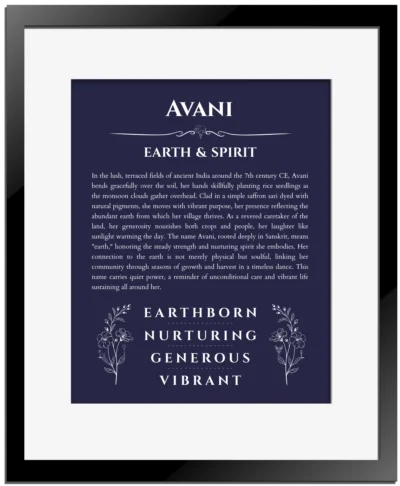 Avani name origin print with meaning and traits in navy blue with black matte frame