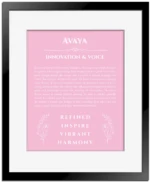 Avaya personalized name print with origin and traits in light pink with black matte frame