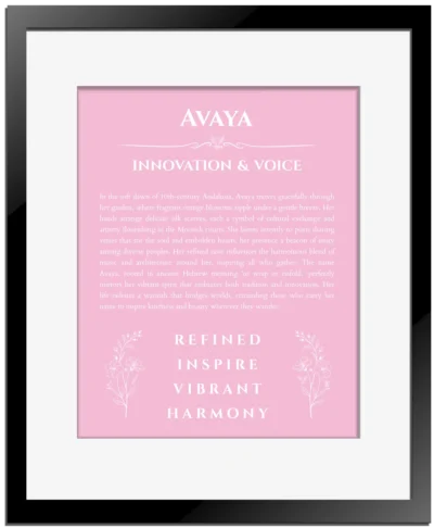 Avaya personalized name print with origin and traits in light pink with black matte frame
