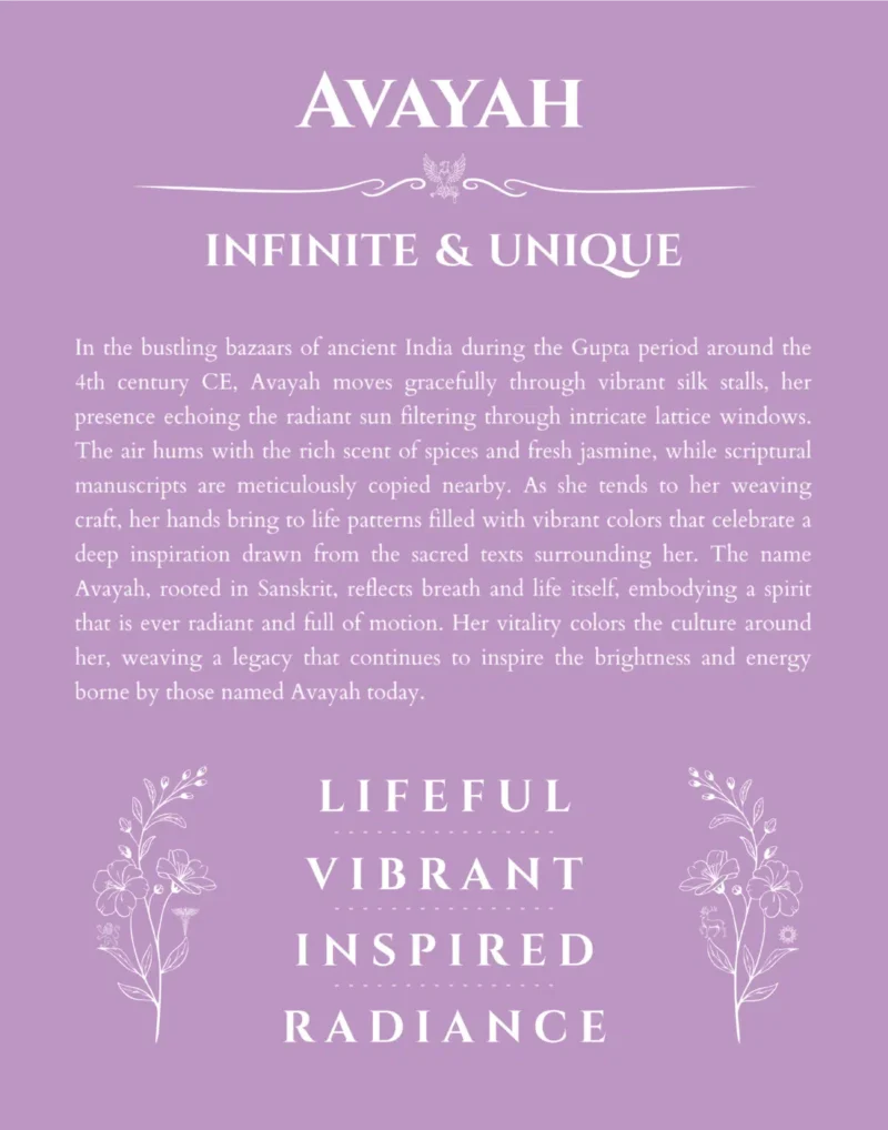 Avayah personalized name print with origin and traits in light purple