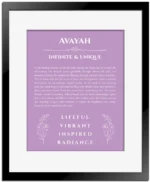 Avayah personalized name print with origin and traits in light purple with black matte frame