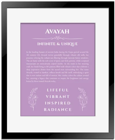 Avayah personalized name print with origin and traits in light purple with black matte frame
