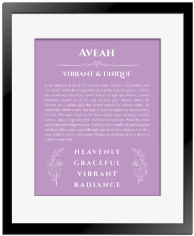Aveah personalized name art with origin story in light purple with black matte frame