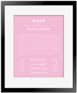Aveer custom name meaning print in light pink with black matte frame
