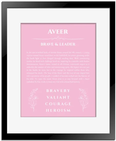 Aveer custom name meaning print in light pink with black matte frame