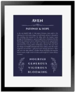Aven personalized name print with origin and traits in navy blue with black matte frame