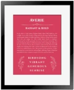 Averie custom name art showing meaning and origin in red with black matte frame