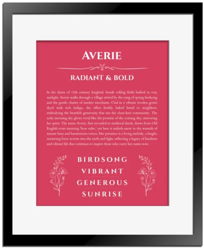 Averie custom name art showing meaning and origin in red with black matte frame