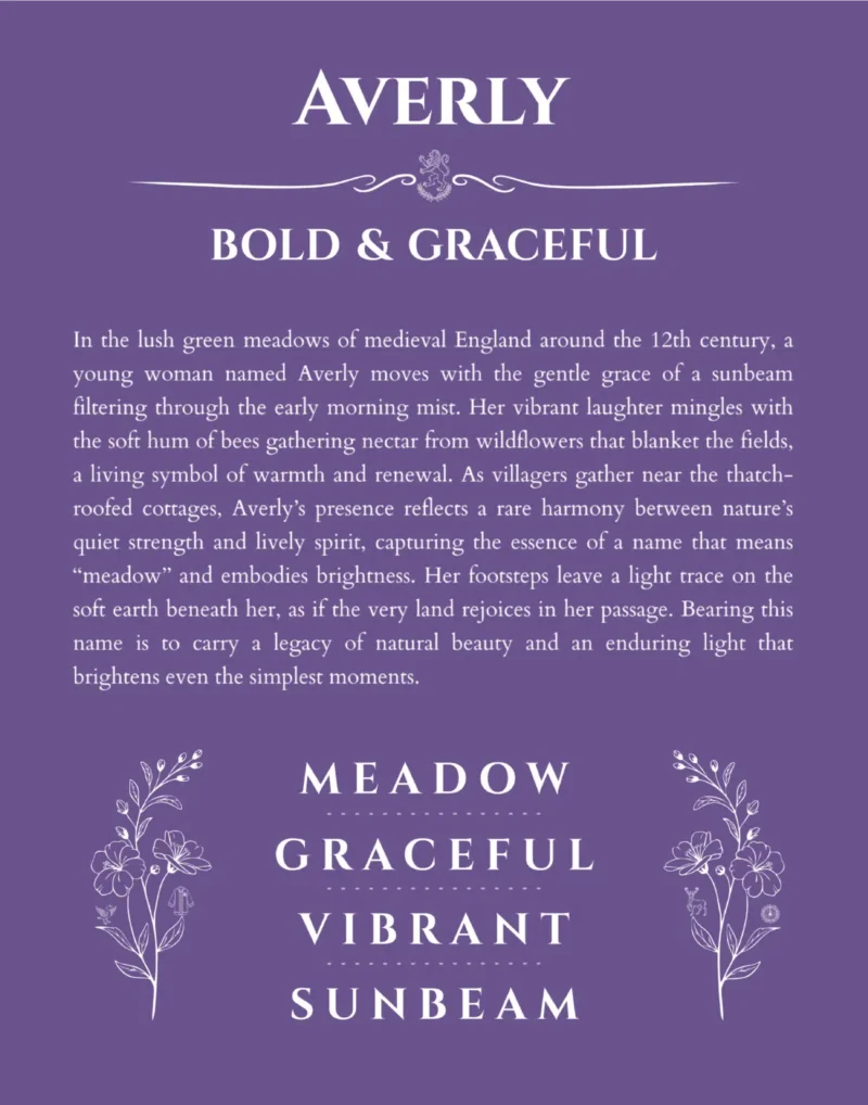 Averly custom name art showing meaning and origin in purple