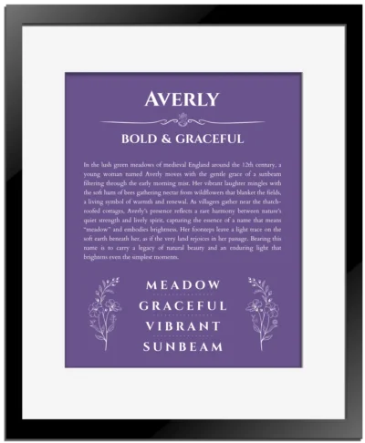 Averly custom name art showing meaning and origin in purple with black matte frame