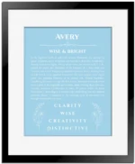 Avery personalized wall art with the story of your name in light blue with black matte frame
