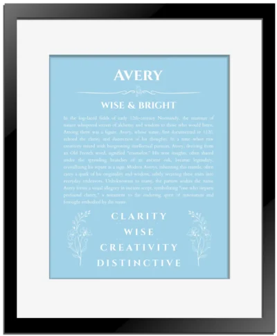 Avery personalized wall art with the story of your name in light blue with black matte frame