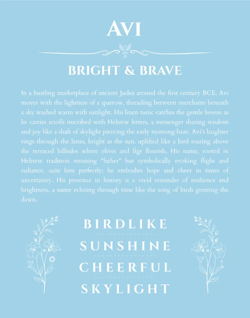 Avi personalized name print with origin and traits in light blue