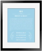 Avi personalized name print with origin and traits in light blue with black matte frame