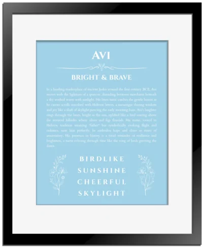 Avi personalized name print with origin and traits in light blue with black matte frame