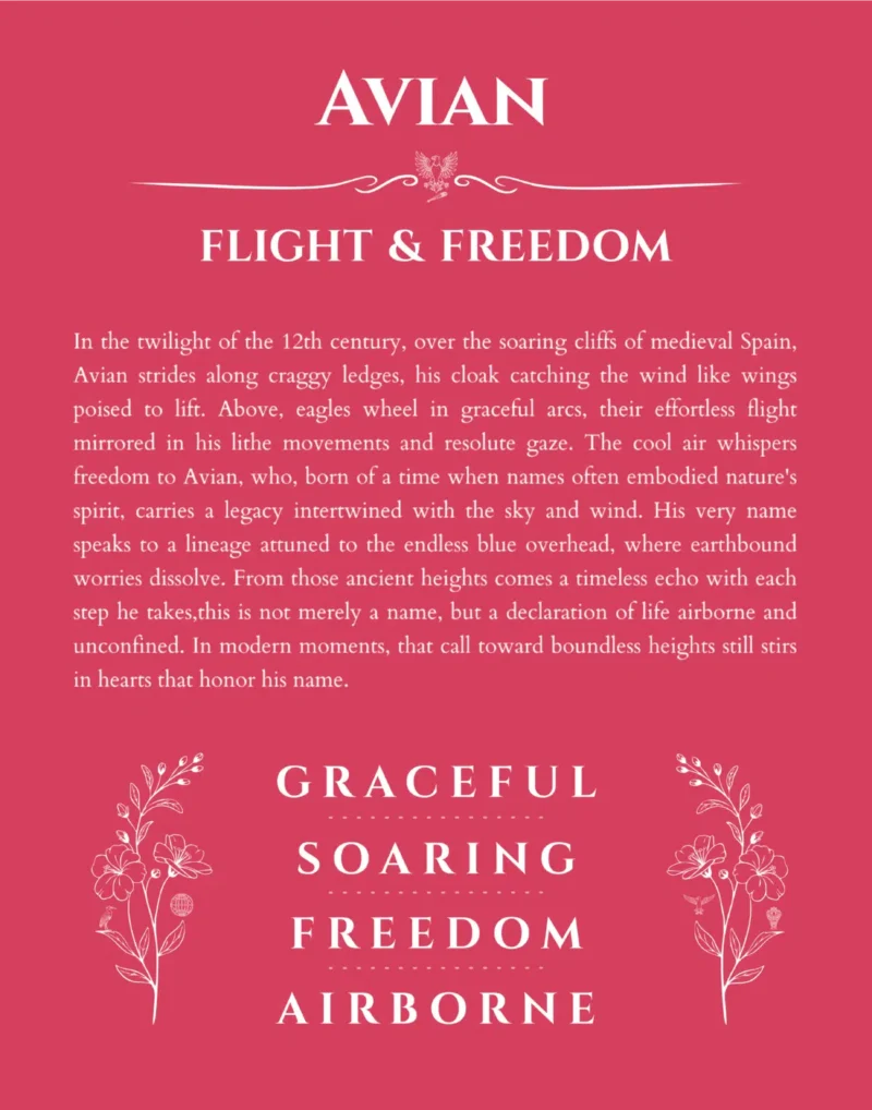 Avian custom name art showing meaning and origin in red