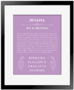 Aviana name meaning wall art by Get Your Story in light purple with black matte frame