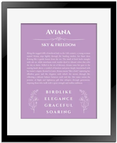 Aviana name meaning wall art by Get Your Story in light purple with black matte frame