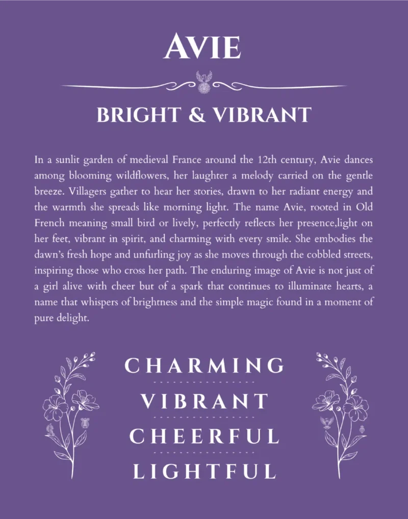 Avie personalized name art with origin story in purple