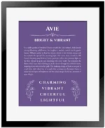 Avie personalized name art with origin story in purple with black matte frame