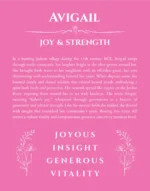 Avigail name origin print with meaning and traits in pink