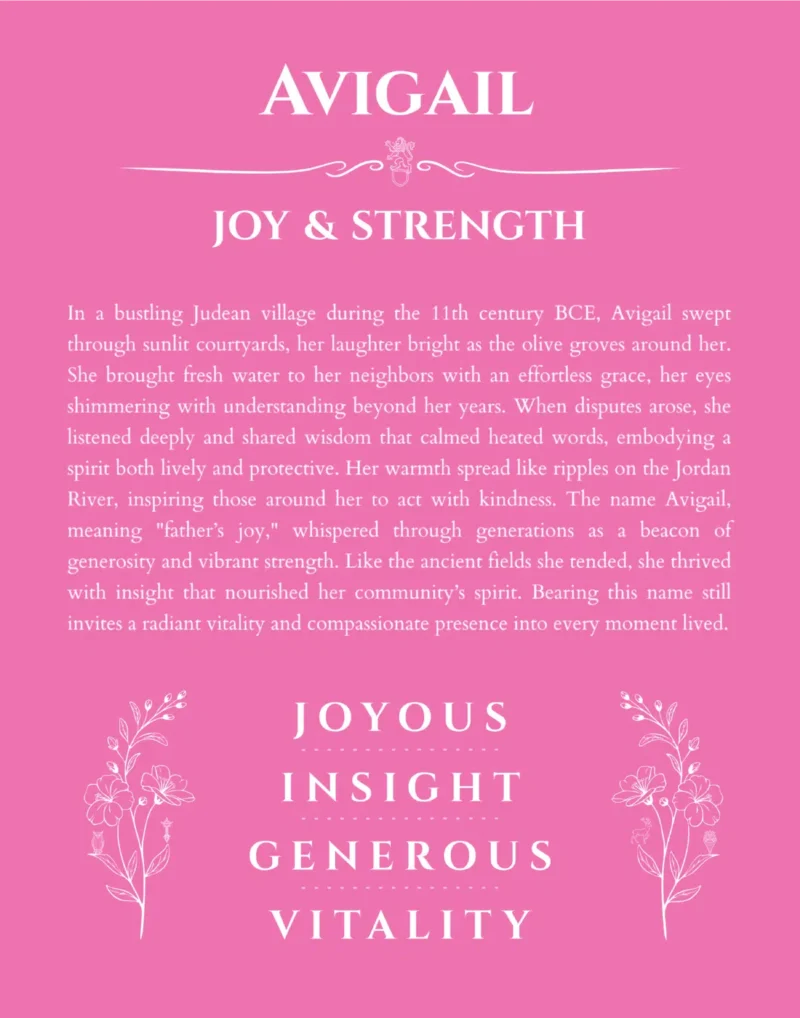 Avigail name origin print with meaning and traits in pink