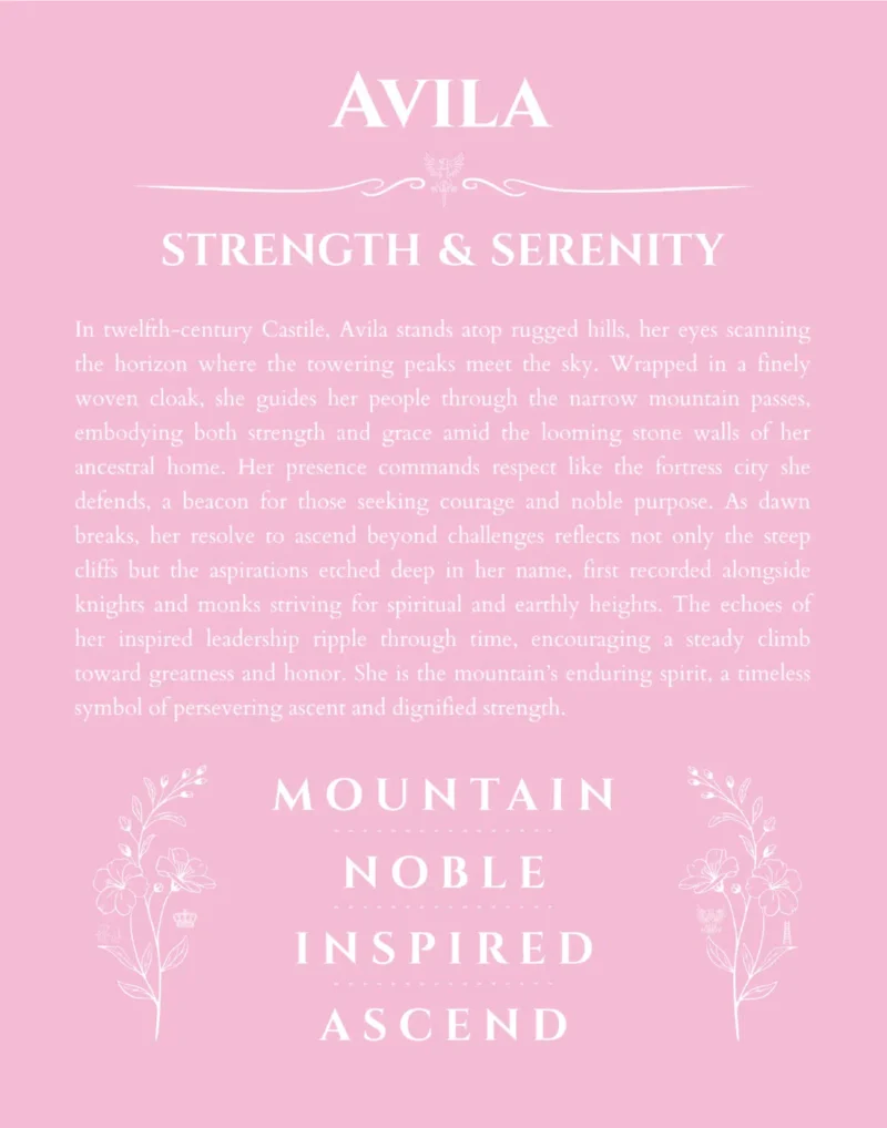 Avila personalized name art with origin story in light pink