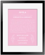 Avila personalized name art with origin story in light pink with black matte frame
