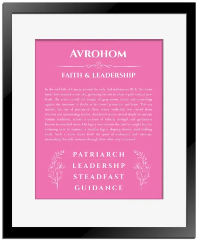 Avrohom custom name art showing meaning and origin in pink with black matte frame