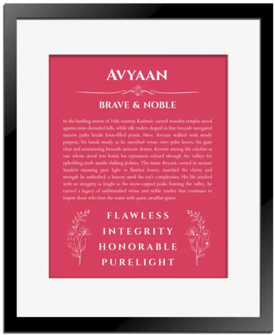 Avyaan name meaning gift print in red with black matte frame