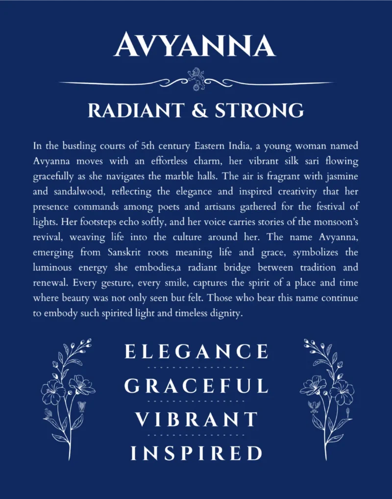 Avyanna custom name art showing meaning and origin in deep blue