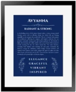 Avyanna custom name art showing meaning and origin in deep blue with black matte frame