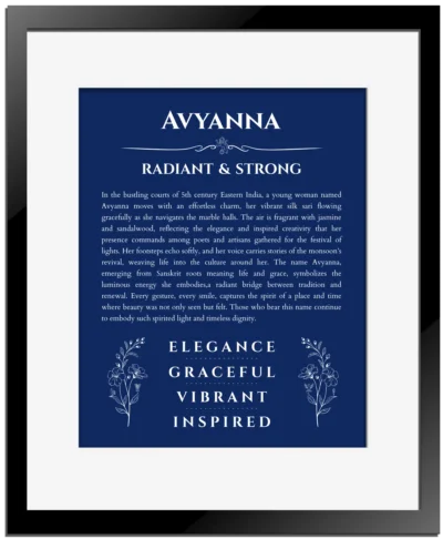 Avyanna custom name art showing meaning and origin in deep blue with black matte frame