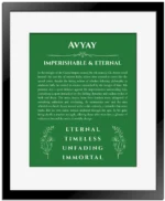 Avyay personalized wall art with the story of your name in dark green with black matte frame