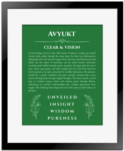 Avyukt name meaning gift print in dark green with black matte frame