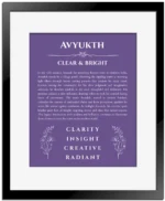 Avyukth name origin print with meaning and traits in purple with black matte frame