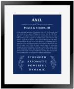 Axel personalized wall art with the story of your name in deep blue with black matte frame