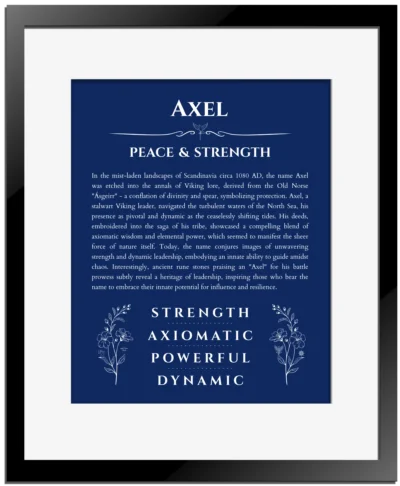 Axel personalized wall art with the story of your name in deep blue with black matte frame