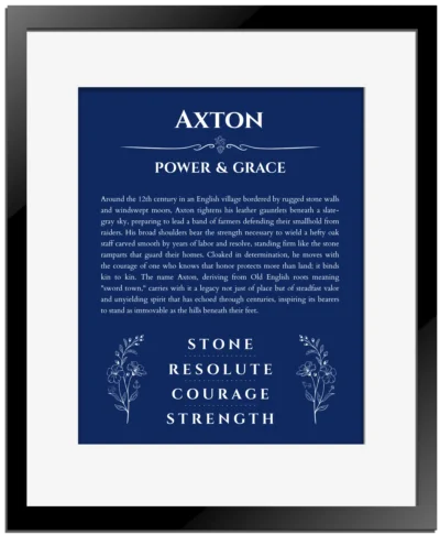 Axton name origin print with meaning and traits in deep blue with black matte frame