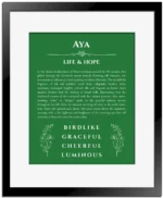 Aya personalized name meaning print in dark green with black matte frame