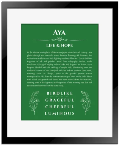 Aya personalized name meaning print in dark green with black matte frame