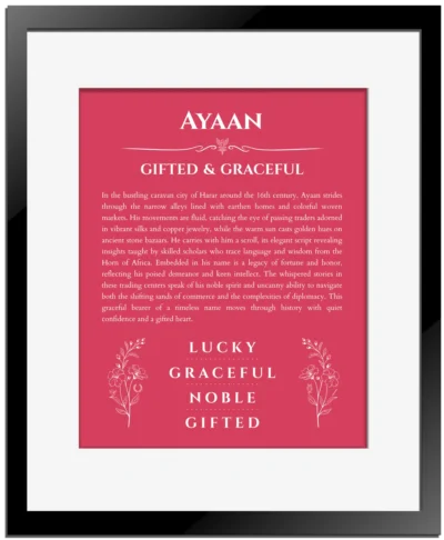 Ayaan personalized wall art with the story of your name in red with black matte frame