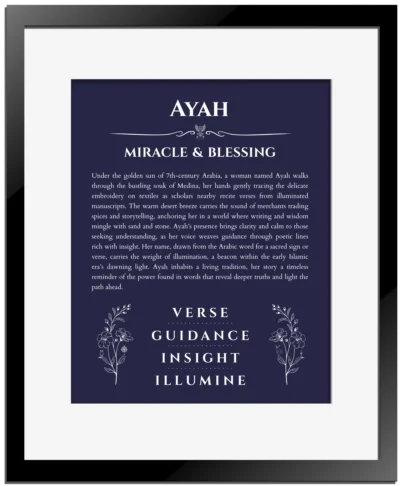 Ayah custom name print for wall display in navy blue with black matte frame