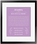 Ayanna personalized name art with origin story in light purple with black matte frame