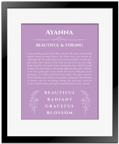 Ayanna personalized name art with origin story in light purple with black matte frame
