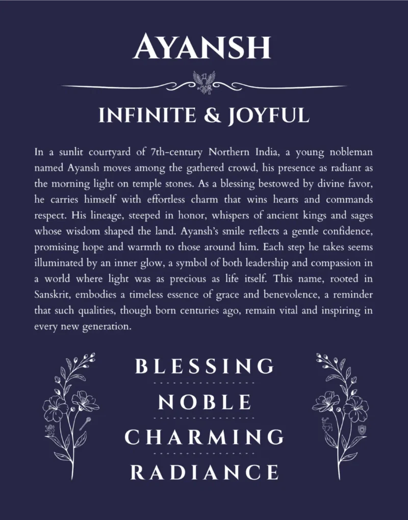 Ayansh personalized name print with origin and traits in navy blue