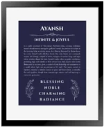 Ayansh personalized name print with origin and traits in navy blue with black matte frame