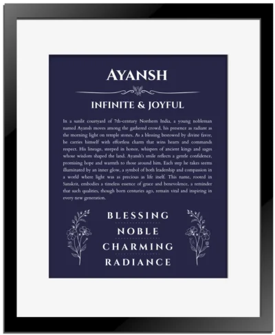 Ayansh personalized name print with origin and traits in navy blue with black matte frame