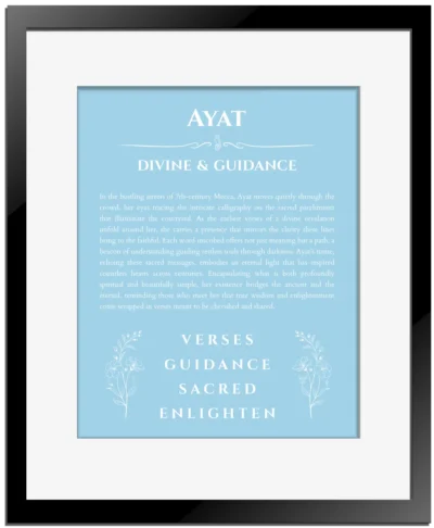 Ayat personalized name print with origin and traits in light blue with black matte frame