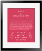 Ayce personalized name meaning print in red with black matte frame